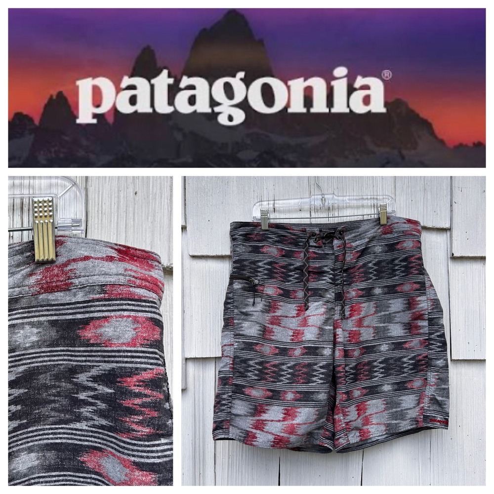 Patagonia Wavefarer Board Shorts Mens Aztec Ikat Tribal Print Grey Red Swim‎ 38